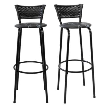 Imagem de Kit 2 Banquetas Altas 80cm Estrutura Preta Encosto Junco Preto Ideal Bancada Cozinha Americana Bares Balcão Ilha Área Gourmet Piscina Itagold (Assento Floral Preto)