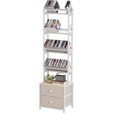Imagem de Epouseter Rack de armazenamento de mídia com prateleiras de exibição inclinadas, organizador de DVD e CD de 5 camadas com 2 gavetas de tecido, estante industrial moderna para sala de estar e