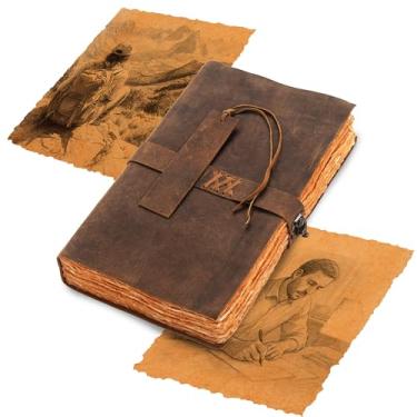 Imagem de Vtry Caderno artístico – Caderno de desenho de couro criativo, estilo antigo clássico – Caderno de couro versátil para escrever, desenhar, esboçar, caderno rústico multiuso e vintage (extra grande)