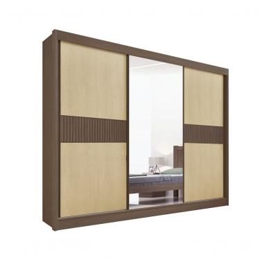 Imagem de Guarda Roupa Casal Ripado Com Espelho Sem Pés Los Angeles 3 Portas 6 Gavetas - D' Doro Castanho/linho/ripado