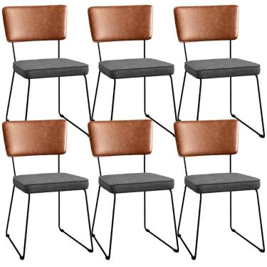 Imagem de Kit 06 Cadeiras L02 Couríssimo Camel Linho Cinza Escuro