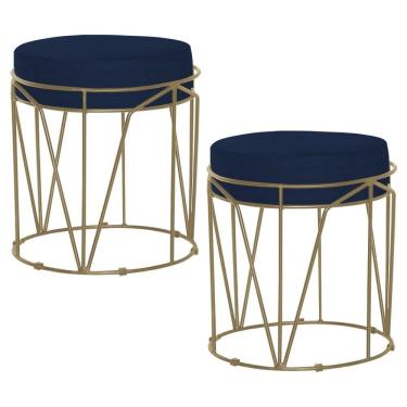 Imagem de Kit 2 Puffs Sala de Estar Base Gold Chloe Veludo Azul