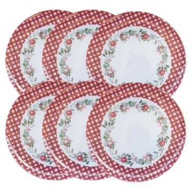 Imagem de Jogo 6 Pratos de Jantar Natalino Melamina Folhagens, Azevinhos e Romã Borda Xadrez Bordô Fosco 27,5cm