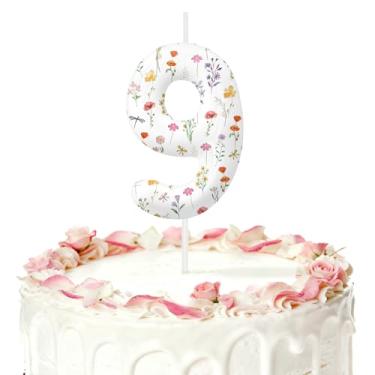 Imagem de Velas de aniversário de flores silvestres para bolo, velas número 9, decorações de aniversário, artigos de festa, topo de bolo de flores silvestres para decorações temáticas de festas para meninos e