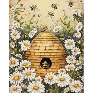Imagem de The Hard-working Bee Paint by Numbers Kits para adultos iniciantes Beehive in a Daisy Bush Painting by Number Pintura de paisagem vibrante em tela fácil de pintar para decoração de casa sem moldura