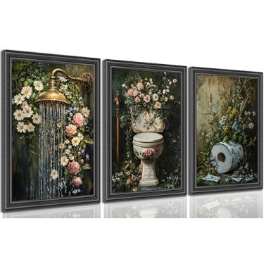 Imagem de 3 peças de arte de parede em tela de banheiro verde rolo de papel higiênico rolo de pôster floral arte moderna fazenda plantas pintura imagem decoração de parede para sala de estar banheiro decoração