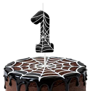 Imagem de Velas de aniversário pretas e brancas para bolo, número 1, decorações de aniversário, suprimentos de festa, topo de bolo de teia de aranha para decorações de festa temáticas para meninos e meninas