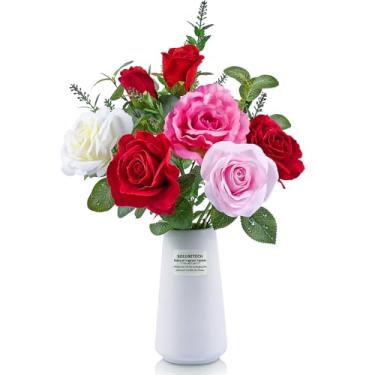 Imagem de soluxetech Comprimidos de perfume de rosas artificiais com flores com bacia de cerâmica branca, vermelho, branco, rosa, rosas falsas, flores falsas para festas de casamento, festivais, casa e