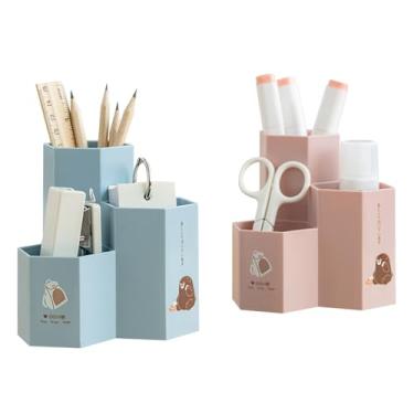 Imagem de TNDCKP Organizador de caneta de mesa de plástico com 3 compartimentos, copo de lápis de dupla finalidade/suporte de lápis fofo para escritório, escola, casa (azul/rosa)