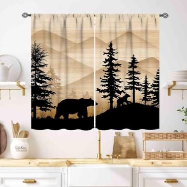 Imagem de Cortinas rústicas para chalé, urso, fazenda, floresta, animal, vida selvagem, caça, campo, marrom, rústico, madeira, janela, tratamento para cozinha, quarto, sala de estar, 2 painéis, 132 x 99 cm