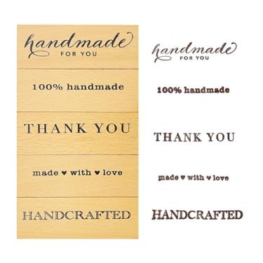 Imagem de Conjunto de carimbos de madeira de sentimento feito à mão de 5 peças - para embalagem de presente: agradecimento, feito à mão para você, feito à mão, feito à mão - para artesanato DIY, diários