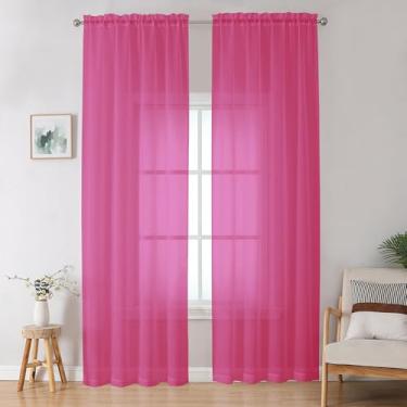 Imagem de OWENIE Conjunto de cortinas transparentes rosa choque para quarto, sala de estar, 2 painéis, 2 painéis, filtro de luz sólido e macio, transparente do teto ao chão para janelas grandes, 2 peças, cada