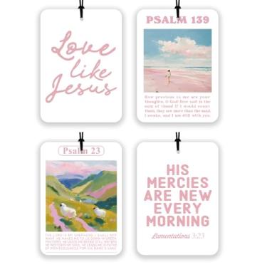 Imagem de 4 peças aromatizadores de ar de carro cristãos rosa, ambientadores de pendurar versículo bíblico para mulheres, decoração inspiradora religiosa, ambientadores de espelho das escrituras florais para