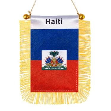 Imagem de JBSJBS Bandeira suspensa do Haiti mini bandeiras de janela de carro para haitianos pequenos banners decoração de espelho retrovisor bandeiras do Haiti com ventosa com franjas douradas dupla face 7,6 x