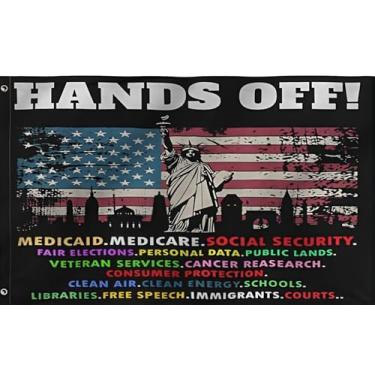 Imagem de Bandeiras Hands Off 5 x 7 m, protesto de segurança social e protesto do Medicare Protesto Social e bandeiras de protesto Medicare, costura dupla com 2 ilhós de latão, tapeçaria legal para quarto