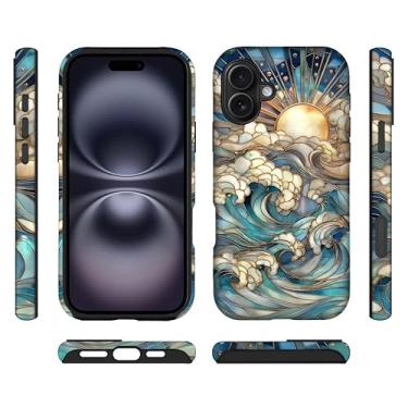 Imagem de ilikediy Capa híbrida para iPhone 16 Plus com 2 camadas rígidas de silicone com estampa protetora - vitral ondas do oceano sol