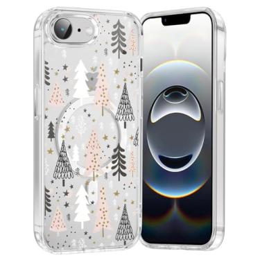 Imagem de RUMDEY Capa de celular Merry Christmas Tree para iPhone 16e Xmas capa magnética transparente de 6,1 polegadas, compatível com Magsafe, capa com design de padrão de inverno fofo à prova de choque macio