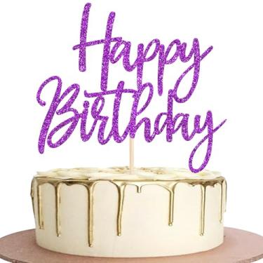 Imagem de 1 pacote de topo de bolo de feliz aniversário com glitter celebrando feliz aniversário colher de bolo chá de bebê crianças decoração de cupcake suprimentos de festa roxo