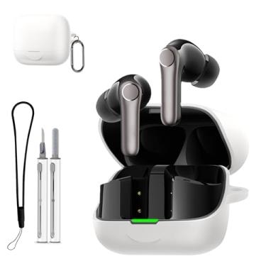 Imagem de Capa de silicone para Earfun Air Pro 4+, capa protetora macia para fones de ouvido com kit de limpeza, cordão e chaveiro, antiarranhões, à prova de poeira, à prova de choque – branca