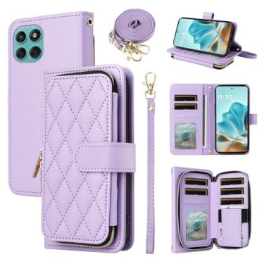 Imagem de Furiet Argyle Capa carteira para Motorola Edge 60 PRO 5G com alça de pulso/ombro, compartimento para cartões, bolsa com zíper, luxuosa, suporte de couro PU, capa de celular quadriculada para edge60