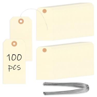 Imagem de 100 etiquetas de envio Manila, etiquetas penduradas com furo e cordão reforçados, uso frente e verso para etiquetagem de preços de vestuário, classificação de armazenamento e logística, identificação