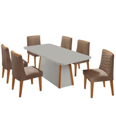 Imagem de Mesa De Jantar Diane 180cm Mdf Vidro Com 6 Cadeiras Moderna Veludo Capuccino Off White Naturale Serigrafia