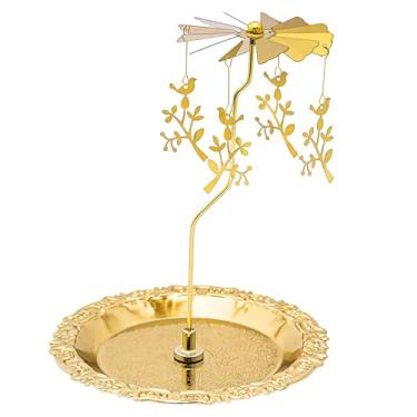 Imagem de Rancco Castiçal giratório com bandeja, carrossel de vela dourada, castiçal de metal movido a calor para mesa de centro de mesa, casamento, Natal, Dia dos Namorados, decoração de festa (brecha em um