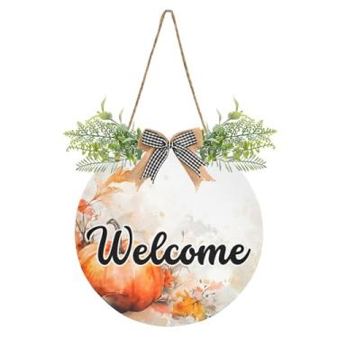 Imagem de SEHANY Guirlandas de outono para decoração de porta da frente, letreiro de boas-vindas de abóboras de madeira rústica para pendurar no dia de Ação de Graças para decoração de festas ao ar livre