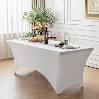 Imagem de FOLINS&HOME Toalha de mesa retangular branca de 1,2 m com elástico, resistente à água, lavável e lavável para mesas dobráveis de 1,2 m, toalha de mesa elástica para casamentos, banquetes, festas