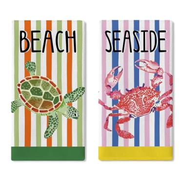 Imagem de Croar Conjunto de 2 panos de prato de cozinha de animais marinhos costeiros de praia, tartarugas marinhas, caranguejo, litoral, oceano, secagem, pano, cozimento, pano, verde náutico, listras, rosa