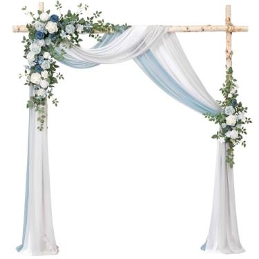 Imagem de Ling's moment Kit de flores artificiais de arco de casamento com cortinas, pacote com 5, 2 arranjos de flores, 3 peças de cortinas transparentes para pendurar, decoração floral rosa, azul empoeirado