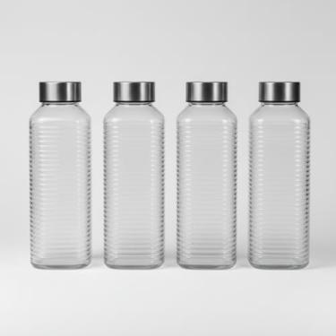 Imagem de Kit 4 Garrafas de Vidro Quadrada 1 Litro Premium com Tampa Hermética para Conservação de Suco Água Chá e Leite (Linhas)