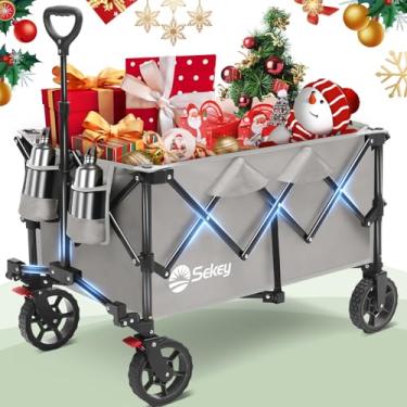 Imagem de Sekey Vagão dobrável dobrável com capacidade de peso de 150 kg, carrinho de carroça dobrável resistente com rodas grandes para todos os terrenos e suportes para bebidas. Cinza