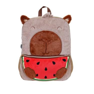 Imagem de Container Fuzzy Mochila Infantil Capivara, Pelúcia e Poliéster, Design Melancia, Bolso Porta Garrafa.