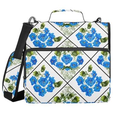 Imagem de Burbuja Pasta de fichário com 3 anéis de flores azuis em forma de treliça com zíper e alça de ombro para laptop de 13 polegadas, vários bolsos para trabalho de escritório