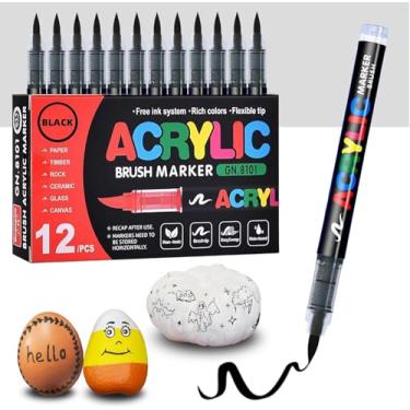 Imagem de Canetas de Tinta Acrílica Preta Pacote 12 Pintura com Ponta Pincel Macia Marcadores Artísticos para Madeira Metal Cerâmica Tecido Pedra Ovos DIY Arte