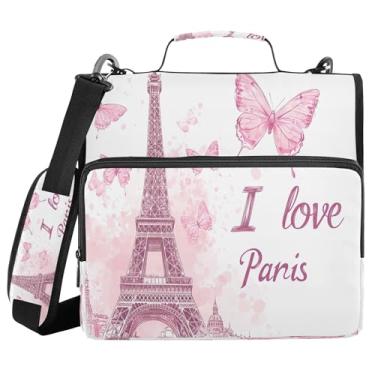 Imagem de Burbuja Fichário Torre Eiffel rosa borboletas com zíper bolsa de 3 anéis com lixa expansível e alça de ombro para laptop de 13 polegadas, vários bolsos para trabalho de escritório