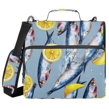 Imagem de Burbuja Pasta de fichário de sardinhas com zíper de limão, bolsa de 3 anéis com lixa expansível e alça de ombro, serve para laptop de 13 polegadas, vários bolsos para trabalho de escritório