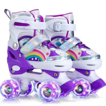 Imagem de Patins Quad Ajustável Infantil com Freio Frontal – Conforto e Segurança(ARCO IRIS ROXO SEM KIT,DO 37 AO 40)