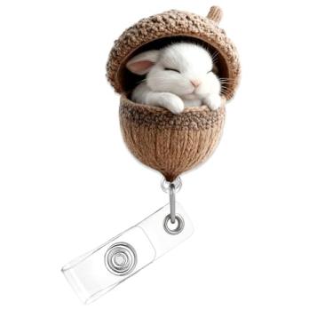 Imagem de Carretel de crachá fofo, crachá de acrílico de coelho branco fofo para crachá de identificação, suporte retrátil de pinha engraçado, clipe de jacaré, acessórios para enfermeiras, profissionais de