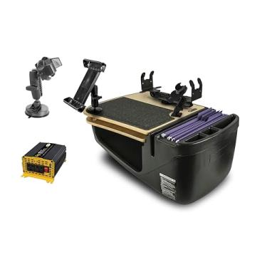 Imagem de AutoExec Mesa de carro GripMaster para sua estação de trabalho de veículo e escritório móvel, bétula, com inversor de potência de 400 watts, suporte de impressora, suporte de telefone, suporte para