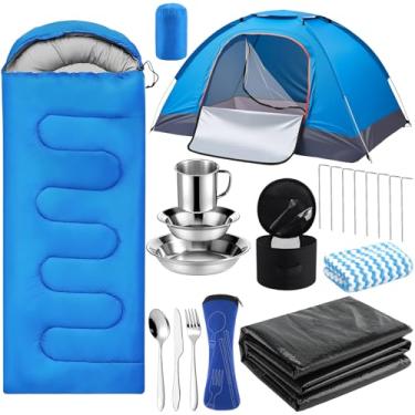 Imagem de Maasechs Kit completo de acampamento ao ar livre, 11 peças, para 2 a 3 pessoas, conjunto portátil de viagem com saco de dormir para barraca, saco de transporte, lona de acampamento à prova d'água, kit