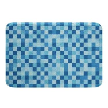 Imagem de Pixelated Miners Tapete de banheiro temático, xadrez geométrico, videogames, antiderrapante, para decoração de banheira, gamepad camuflado, capacho de 40,6 cm x 61 cm, tapete absorvente azul felpudo