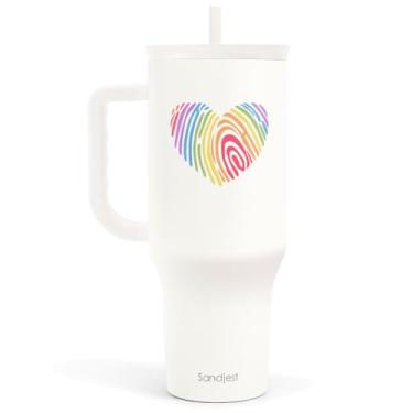 Imagem de SANDJEST Copo LGBT de 1,134 g com alça e canudo, caneca de café de viagem de aço inoxidável isolado para amigas gays lésbicas adultas, ideia de presente para aniversário, Natal e mês do orgulho