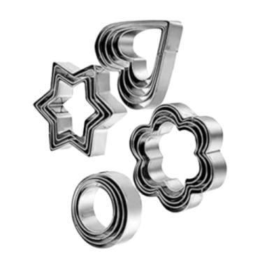 Imagem de Cortador de Biscoito Molde Biscoitos Confeitaria Forma Estrela Coração Círculo Flor Aço Inox Kit 12 Peças