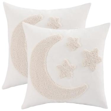 Imagem de Tosleo Capas de almofada Ramadã lua e estrela 45,7 x 45,7 cm conjunto de 2 capas de almofada bordadas bege tufadas Ramadã Mubarak Decorações de Ramadã para sofá de casa sofá ao ar livre