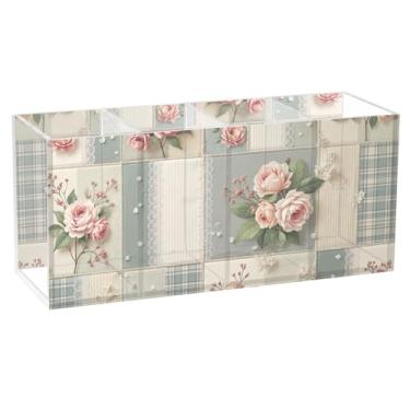 Imagem de TSENQUE Porta-canetas vintage com estampa floral personalizada para mesa de acrílico para escritório, porta-canetas, pincéis, armazenamento de lápis, decoração de escritório, organizador de mesa