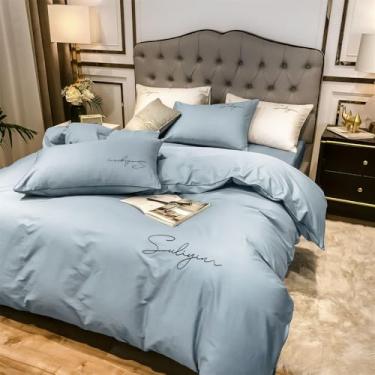 Imagem de Conjunto de cama de algodão macio de fibra longa, 100% algodão, conjunto de edredom sedoso tamanho solteiro, 6, 1,8 m, 4 peças