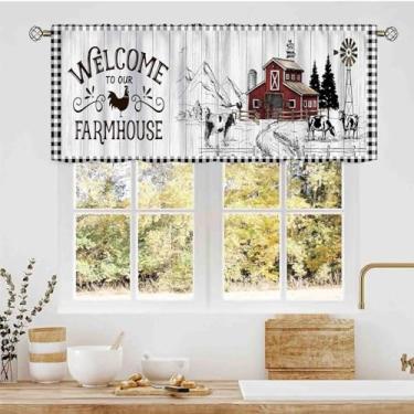 Imagem de Cortinas de sanefa de casa de fazenda para cozinha, animal rústica, vaca rural, estilo rural, cabana, cabana, varão, bolso para varão, pequeno para sala de estar, quarto, armário, banheiro, 137 x 45