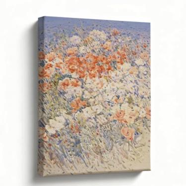 Imagem de Arte de parede floral pastel, pintura a óleo em tela, campo de flores silvestres rosa suave, arte de paisagem romântica, decoração de parede de quarto chique gasto, sala de estar, 20 x 25 cm